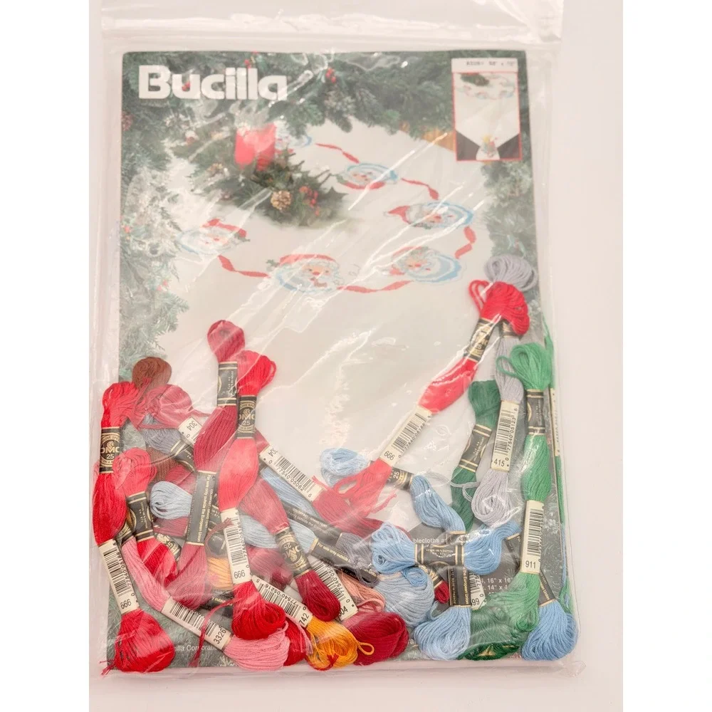 Bucilla Jolly Santas Stamped Cross Stitch Tablecloth Kit 83261 52x70 Christmas